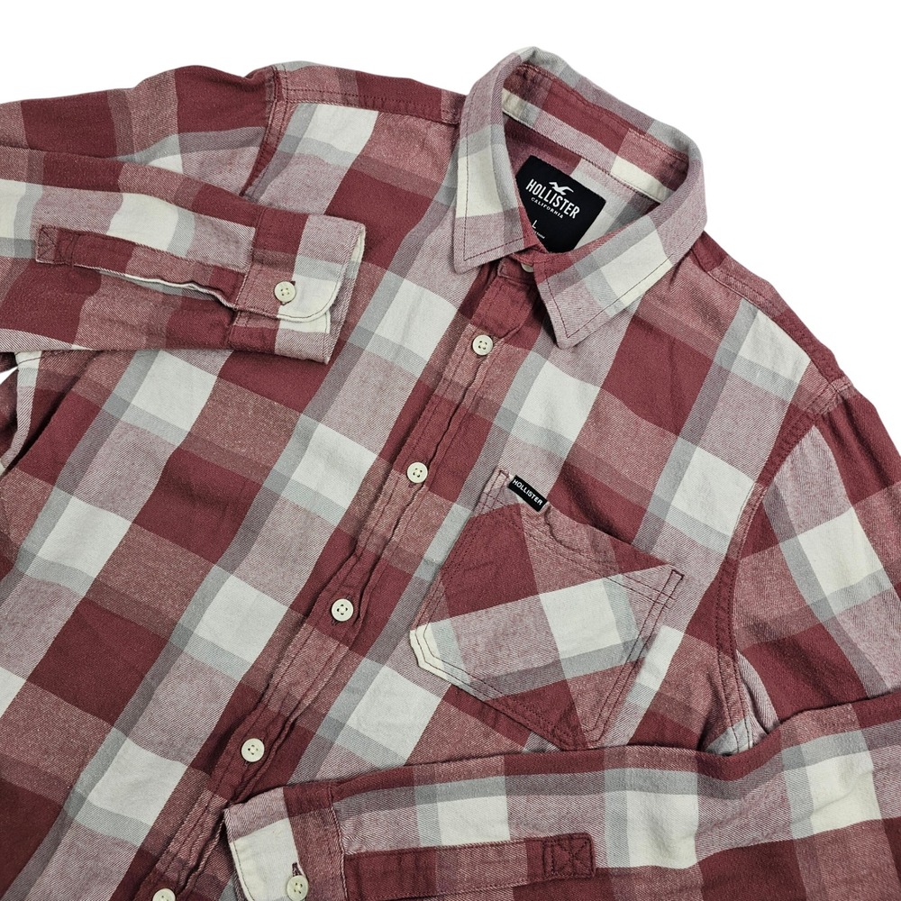 Hollister California Mens Flannel Shirt Large Red White‎ Gray Plaid Casual Relax